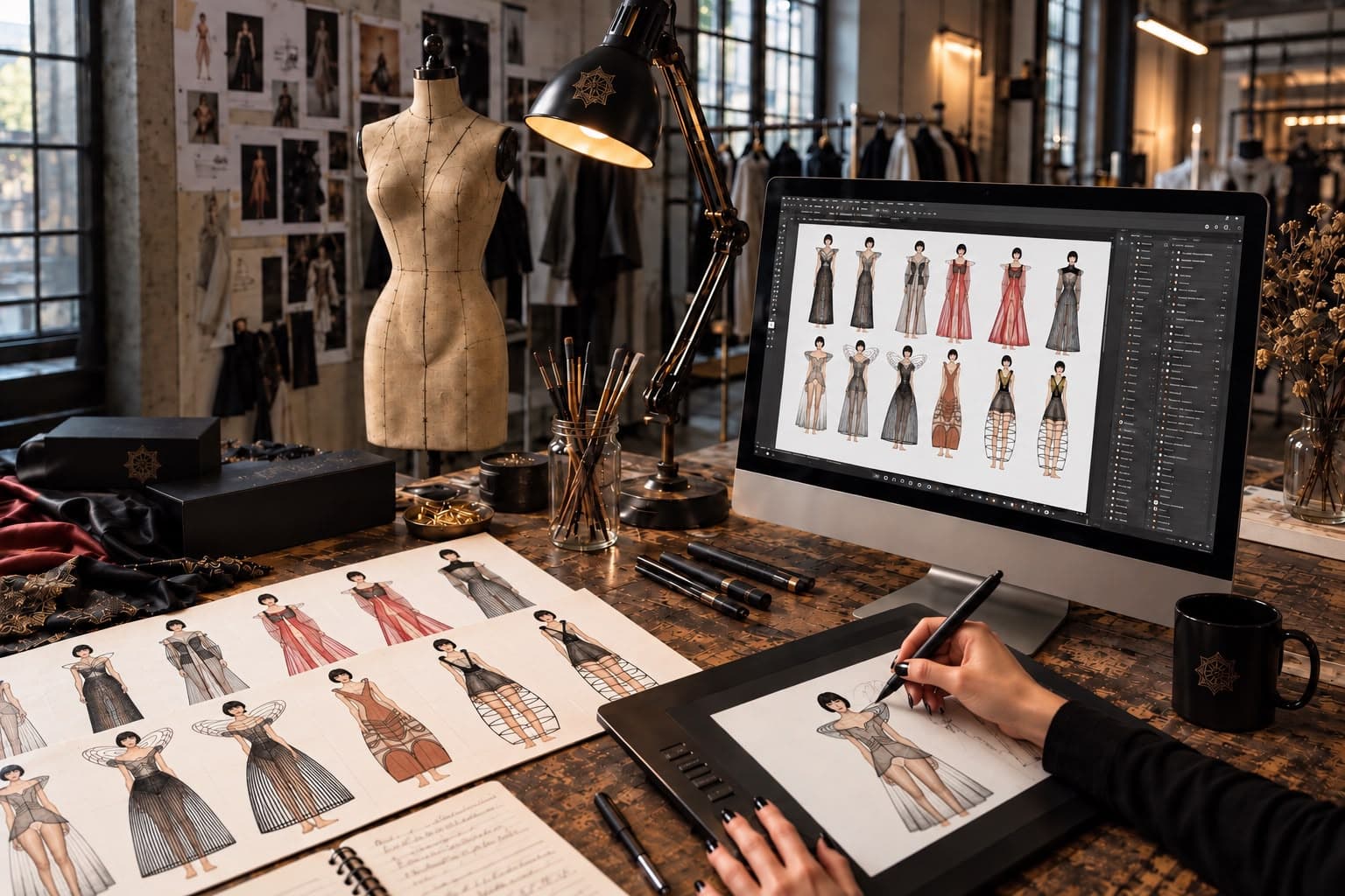 Design studio desk with Pucelle d'Orléans fashion illustrations
